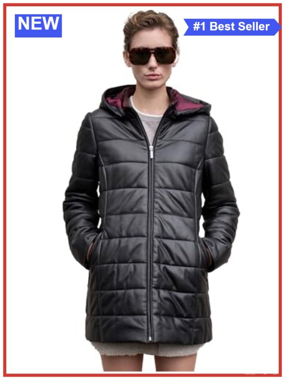 Real Lambskin Leather Puffer Jacket Removable Hood Quilted Winter Coat